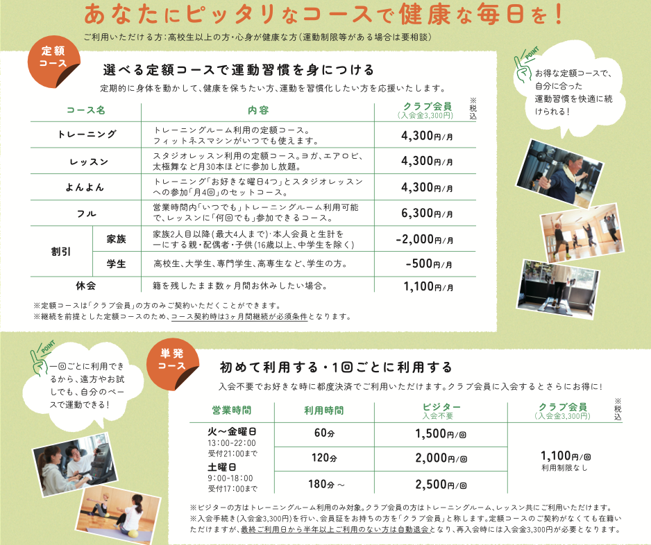 廃校フィットネスSent. 料金表